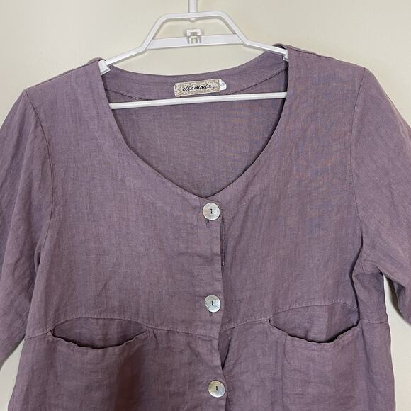ELLAMODA Italy Purple 100% Linen Boxy Button Up Blouse Boho Lagenlook Artsy S/M - Picture 2 of 9